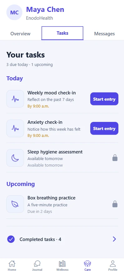 enodoAlly care-plan task list with practice items and a booking action