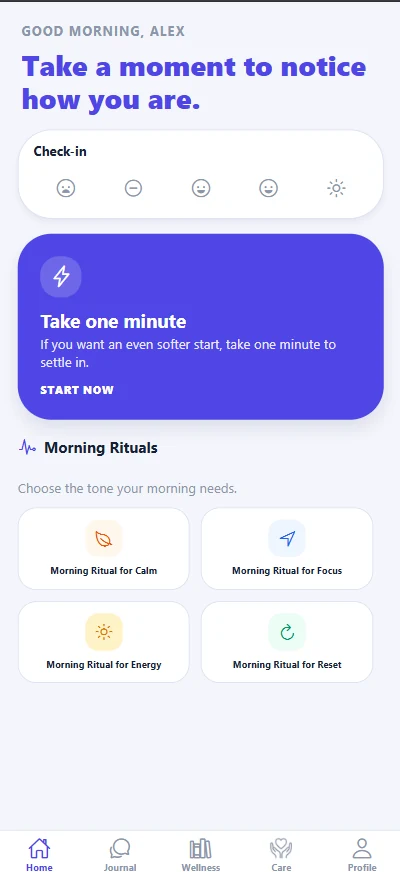 enodoAlly home screen with check-in, journal, reset, appointment, and mood journey