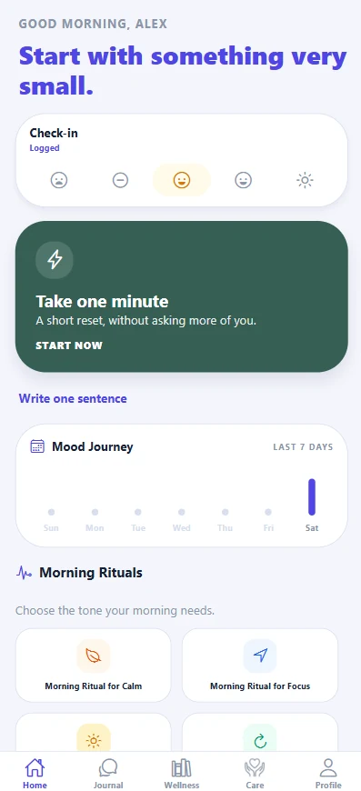 enodoAlly home screen offering one small next step after a mood check-in