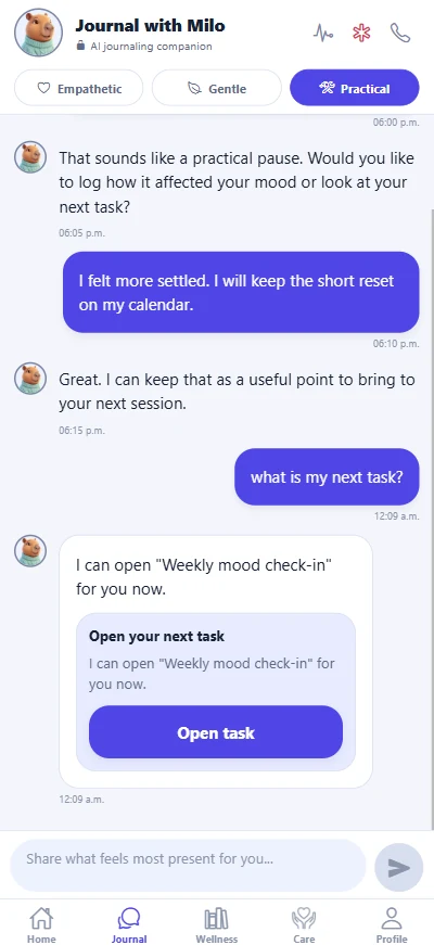 enodoAlly journal conversation that offers to open a patient task