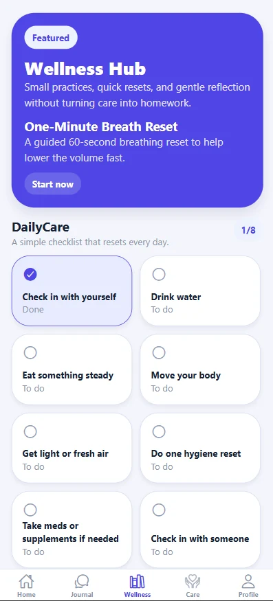 enodoAlly Wellness Hub with daily care and quick relief options