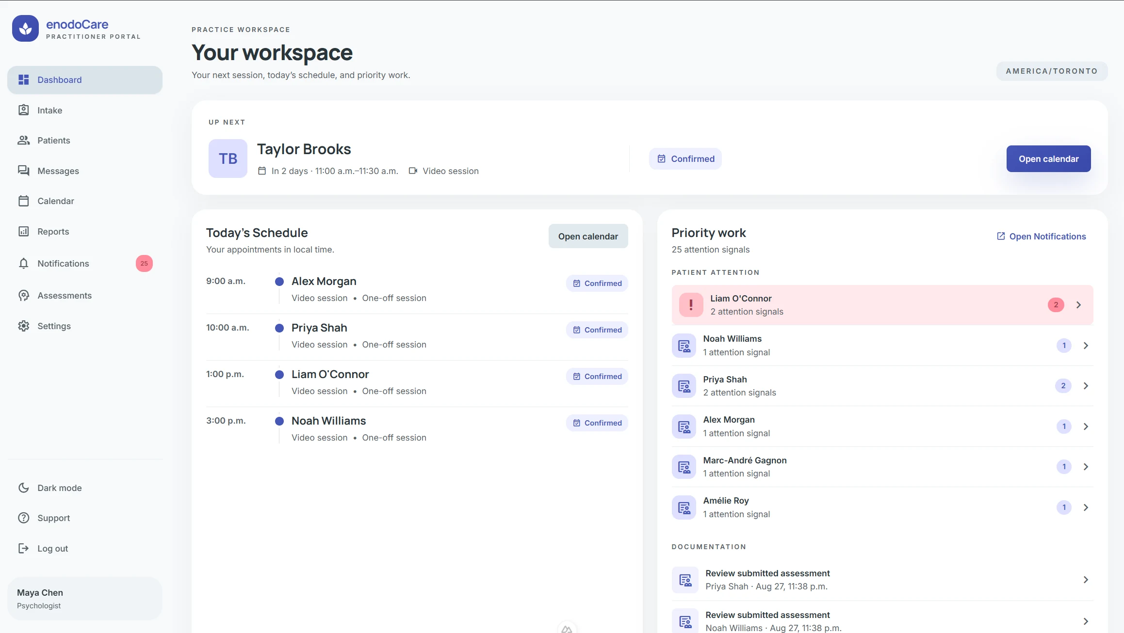 enodoCare clinician dashboard with schedule and review queue