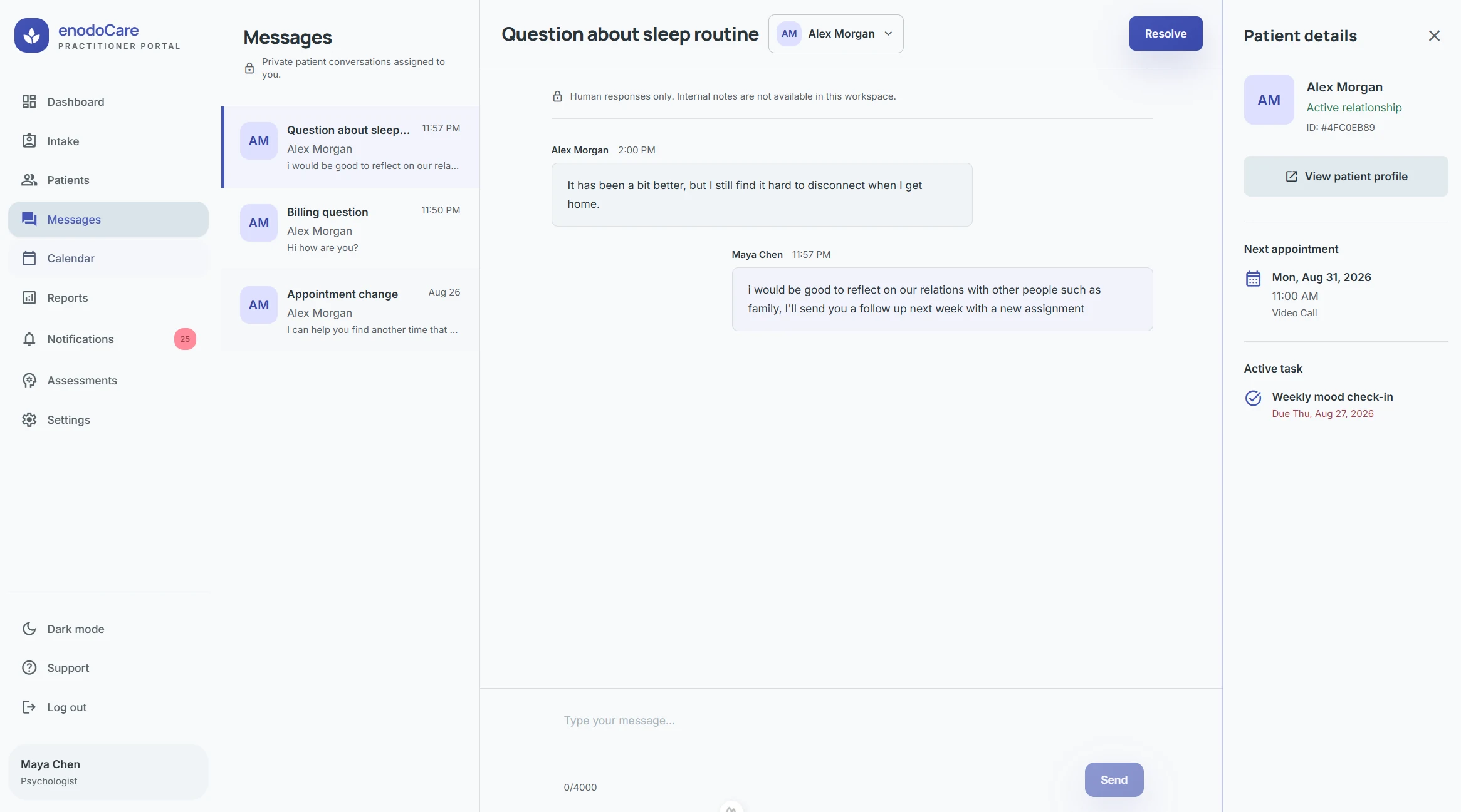 enodoCare patient messaging workspace with patient context