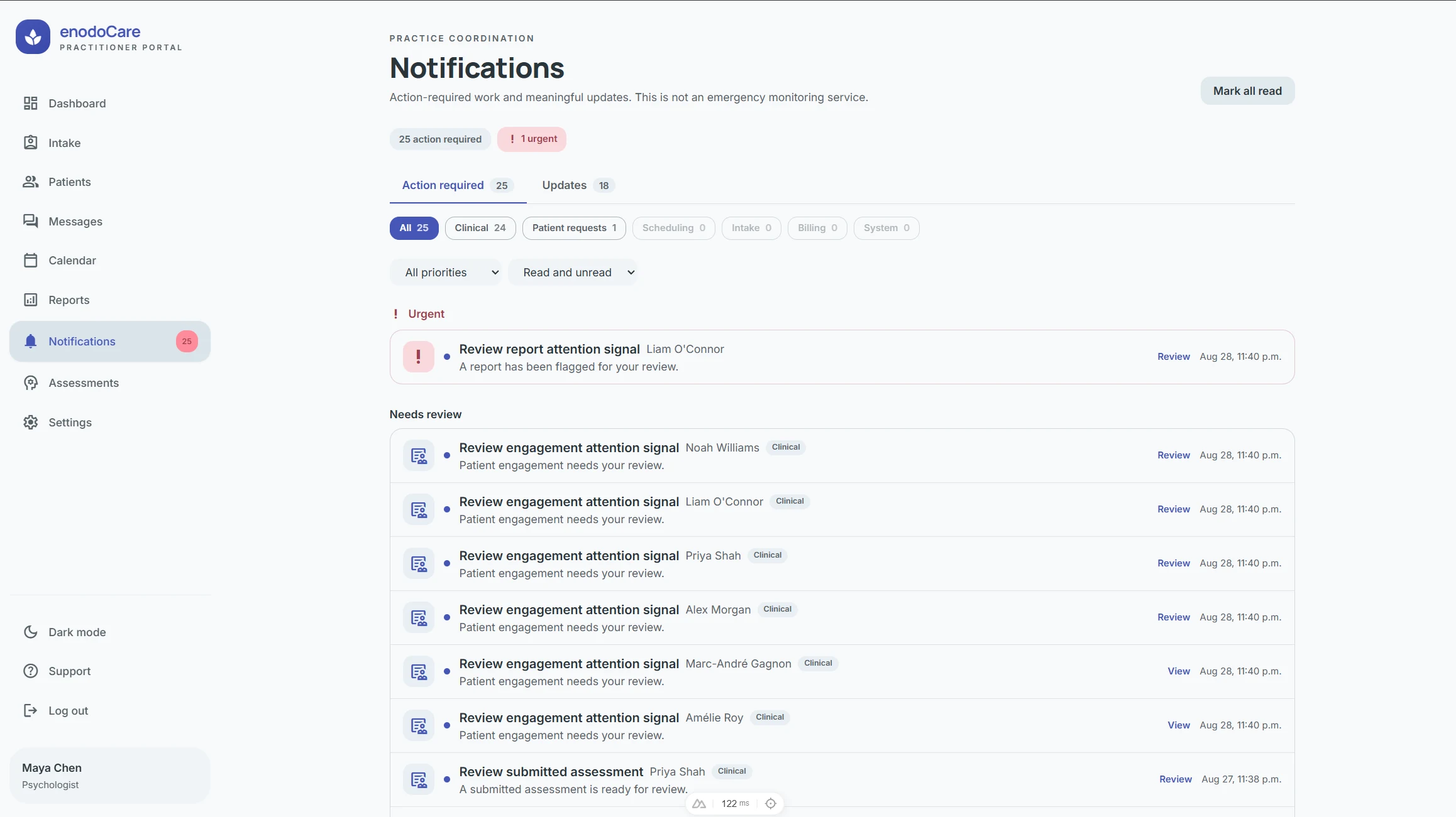 enodoCare notification workspace with action-required patient signals
